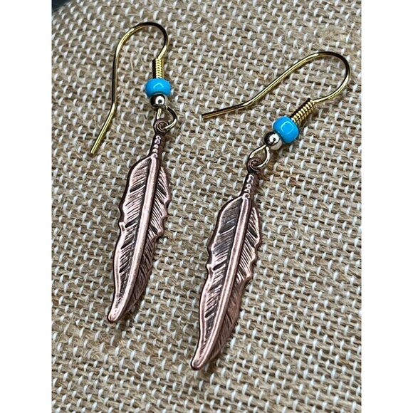 Copper Feather Dangle Earrings With Turquoise Bead Accent - Picture 2 of 7